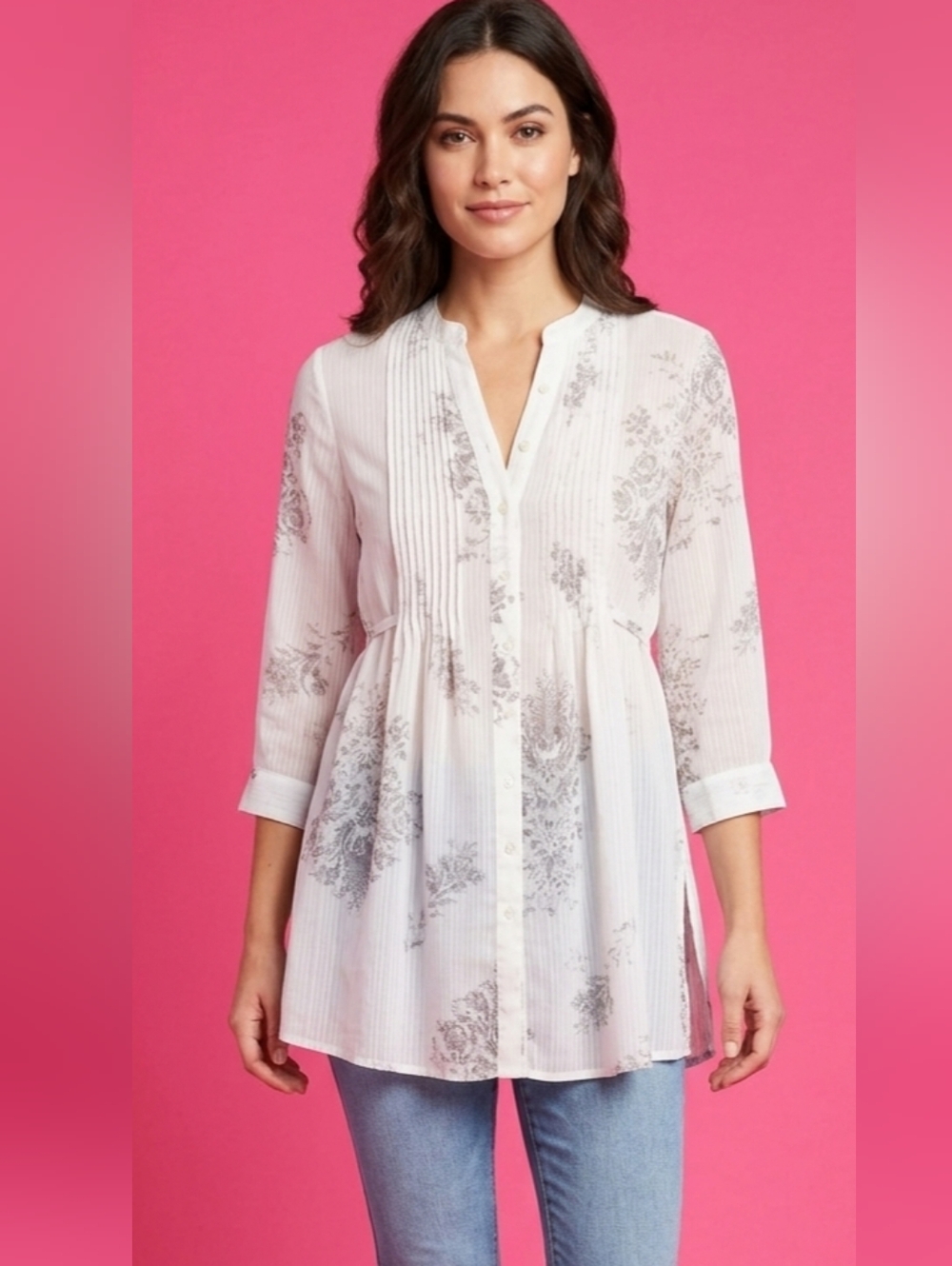 American Rag Pale White Pintuck Button Tunic